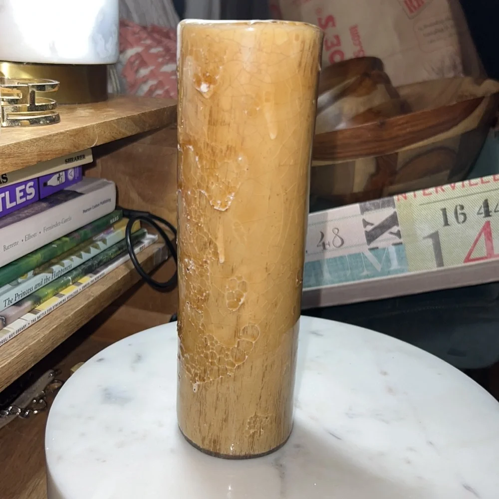 Yellow gold textured tall narrow thin vase home decor or flowers stands 8” tall​